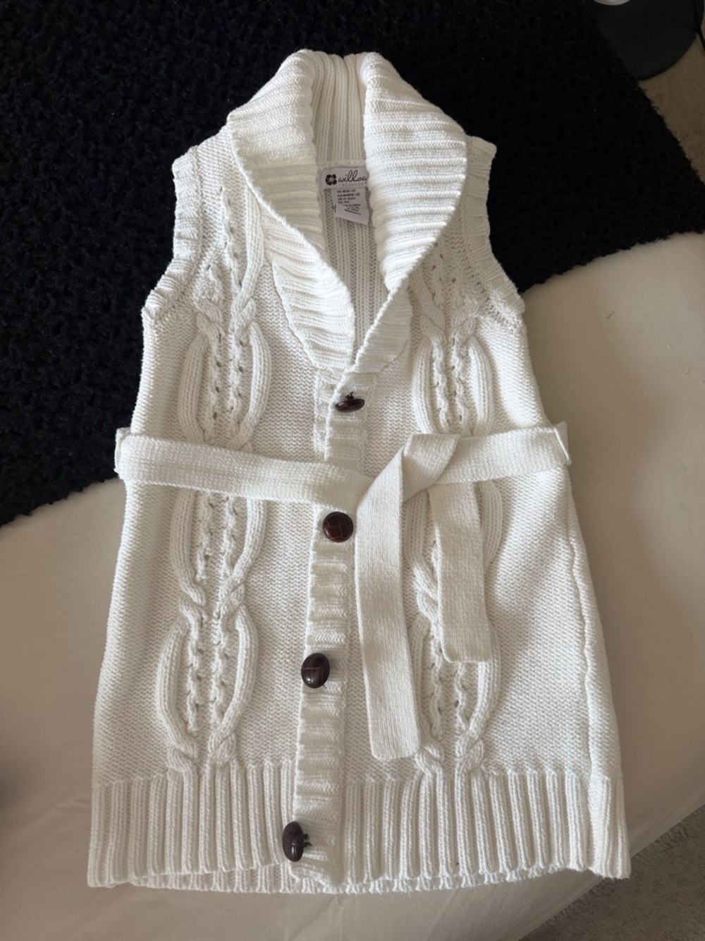 Girls' White Cable Knit Shawl Collar Button Vest